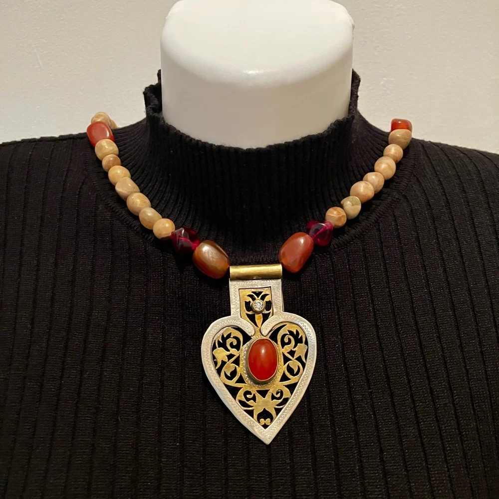 Bohemian Silver&Gold-Tone Heart Pendant Necklace, Natural Stone Beads - Picture 2 of 5